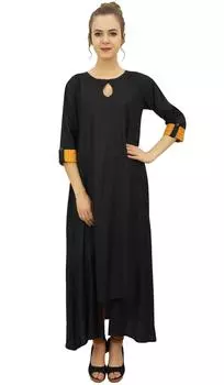 Курта Bimba Rayon с черным асимметричным подолом и шарфом Designer Indian 12 коричневый