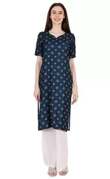 Курти с принтом Phagun для женщин с коротким рукавом длиной до колен полиэстер Курта Топ 2XL синий