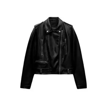 Куртка байкера из искусственной кожи Весенняя молния Traf с лацканами и эполетами украшает классную черную куртку из искусственной кожи S чёрный