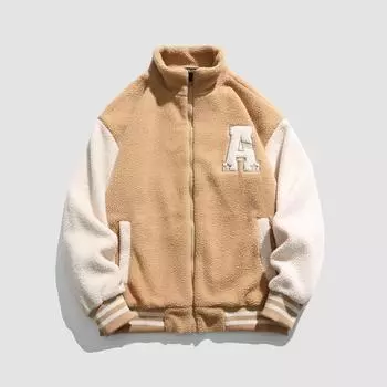 Куртка бейсбольная из овечьего флиса, мужская, новая, осенне-зимняя, теплая, модная, свободная, повседневная, с вышитыми буквами, воротником-стойкой, хлопковая куртка L