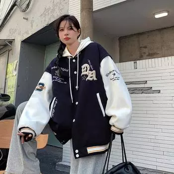 Куртка-бейсболка в стиле ретро для пар на весну и осень, повседневная свободная куртка, куртка со съемным капюшоном XXXL темно-синий