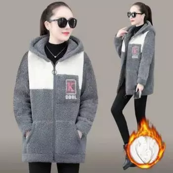 Куртка большого размера Plus Velvet Thicked Mid-Length, цветная, с капюшоном, из овечьего флиса, модная, свободная 4XL чёрный