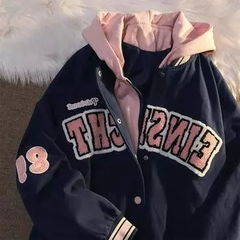 Куртка большого размера с капюшоном, женская осенне-зимняя свободная куртка в стиле ретро из двух предметов, бейсбольный костюм, удобная повседневная куртка на молнии L белый