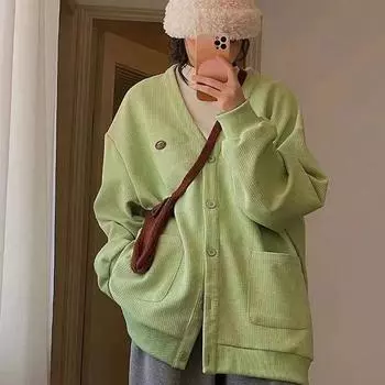 Куртка большого размера, женская осенняя повседневная свободная дикая кардиган, однотонный свитер с длинными рукавами и v-образным вырезом S зелёный