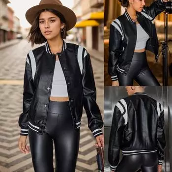 Куртка-бомбер из искусственной кожи Rose Beauty A с контрастными вставками S белый/чёрный