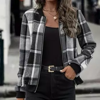 Куртка-бомбер с клетчатым принтом, повседневная верхняя одежда с длинным рукавом на молнии, женская одежда S темно-серого