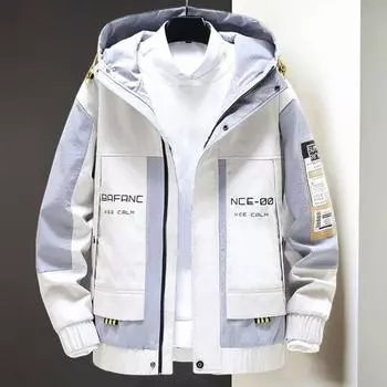 Куртка-бомбер стильный буквенный принт в японском стиле, свободный крой, эластичные манжеты для повседневной носки M чёрный