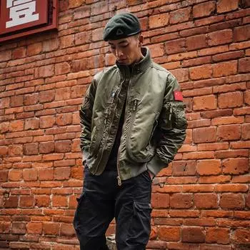 Куртка-бомбер в стиле милитари, мужская, с несколькими карманами, на липучке, с воротником-стойкой, бейсбольная куртка M