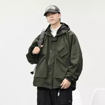 Куртка для активного отдыха Мужская куртка для инструментов Свободная куртка большого размера Тяжелая модная спортивная куртка с капюшоном Износостойкая M хаки