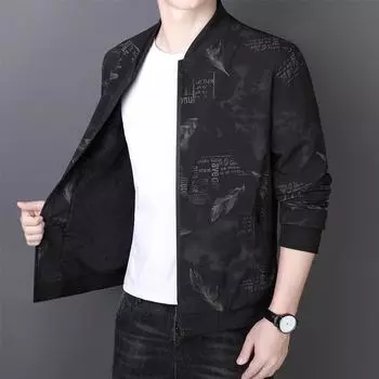 Куртка для бега с принтом по всей поверхности и рисунком перьев, мужская повседневная куртка на молнии с бейсбольным воротником для ношения на открытом воздухе M чёрный