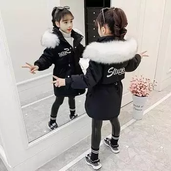 Куртка для девочек с хлопковой подкладкой, куртка в западном стиле, средняя и большая детская куртка средней длины с толстым пухом, куртка с подкладкой 170 чёрный