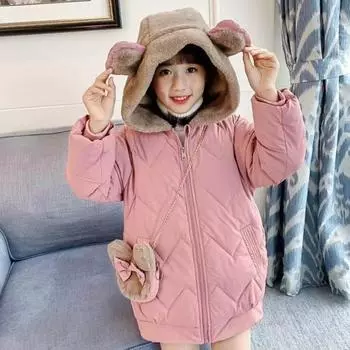 Куртка для девочек с милыми кроличьими ушками, плюшевая, утепленная, с капюшоном, стеганая, верхняя одежда для детей 110 розовый