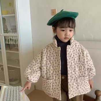 Куртка для девочек Зимнее пальто для девочек Парка с цветочным принтом Детская повседневная теплая хлопковая верхняя одежда Пальто для младенцев Утеплитель 150cm