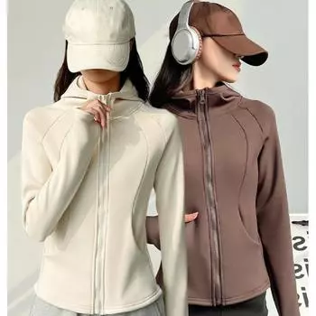 Куртка для йоги с капюшоном, осенне-зимняя, женская, спортивная, облегающая, с интегрированным флисом, утолщенная, универсальная, ветрозащитная S кофейный