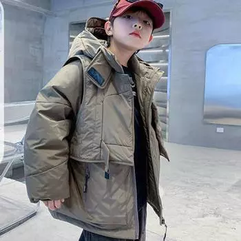 Куртка для мальчиков с капюшоном, пуховик, комплект из двух предметов, утолщенная куртка из трех материалов с защитой от влаги для детей среднего и старшего возраста 110cm