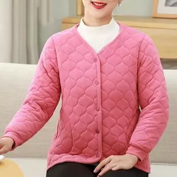 Куртка для женщин среднего возраста Yousheng, плюшевая, утолщенная, флисовая, с V-образным вырезом, однобортная, облегающая, с длинными рукавами, теплыми карманами, для мам S розы красного