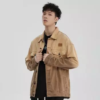 Куртка джинсовая с постепенным изменением личности, верхняя часть, американский ретро-тренд, свободная повседневная универсальная маркированная куртка с длинным рукавом для мужчин S