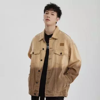 Куртка джинсовая с постепенным изменением личности, верхняя часть, американский ретро-тренд, свободная повседневная универсальная маркированная куртка с длинным рукавом для мужчин S