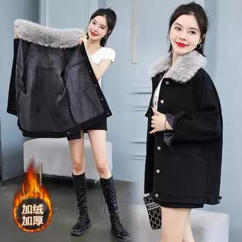 Куртка джинсовая в стиле ретро из бархата, женская зимняя одежда 2024 года, новый стиль Гонконга, свободная, утолщенная, теплая, с хлопковой подкладкой, искусственный мех, джинсовая ткань S чёрный