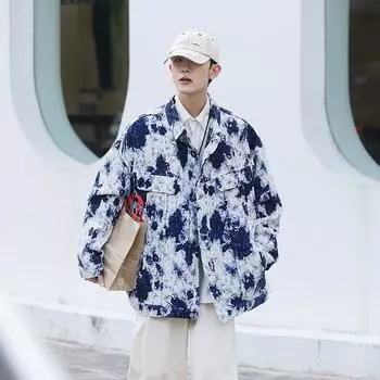 Куртка джинсовая в стиле тай-дай для мужчин, свободная, весна-осень, уличная, ретро, рабочая, повседневная, топ S