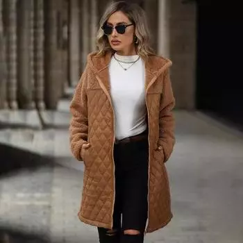 Куртка Flash Velvet с капюшоном и молнией, средняя длина, женское однотонное пальто с длинными рукавами, свободное, теплое, из овечьей шерсти, осень и зима S абрикосовый