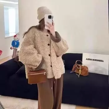 Куртка из экологически чистой овечьей шерсти Lazy Wind, женская, осенне-зимняя, короткая, свободная, с утолщенным мехом, встроенная, повседневная, замедляющая старение S хаки