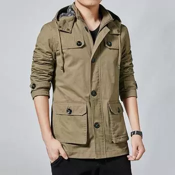 Куртка из чистого хлопка, мужская куртка на весну и осень, дышащая, с воротником-стойкой, стираная, повседневная куртка для мужчин M хаки
