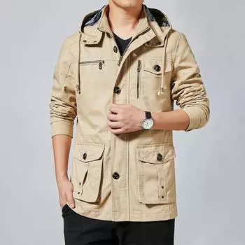 Куртка из чистого хлопка, мужская, осенне-зимняя, корейская версия, модный повседневный свободный, средний и длинный тренчкот M чёрный