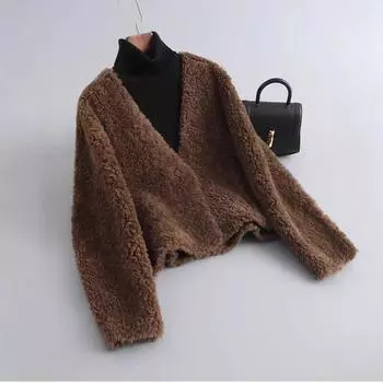 Куртка из гранулированной овечьей шерсти, женская, короткая, новая, с v-образным вырезом, маленькая, модная, ленивая, мех Haining S слоновая кость