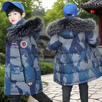 Куртка из хлопка камуфляжного цвета для мальчиков, утолщенная, средней и длинной длины, толстая, морозостойкая, детская зимняя куртка, стильное пальто 120cm