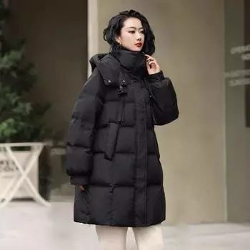 Куртка из хлопка с капюшоном для женщин, пальто средней длины в студенческом стиле, утолщенное пальто свободного кроя S темные хаки