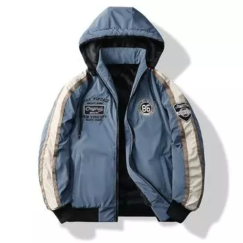 Куртка из хлопка с капюшоном контрастного цвета в стиле ретро для мужчин-пилотов, повседневная куртка со свободной и плотной хлопковой курткой L чёрный