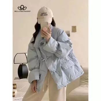 Куртка из хлопка с перьями, женская короткая, новая корейская версия свободной куртки из коровьего рога с пряжкой из хлопка S чёрный