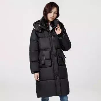 Куртка из хлопка средней длины для женщин 2024 года, новая зимняя женская куртка из хлопка с большим карманом, женская куртка с капюшоном, толстое пальто, женская куртка M чёрный