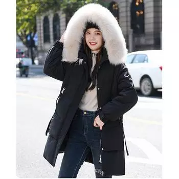 Куртка из хлопка средней и длинной длины для осени и зимы, корейская версия, свободная и модная женская куртка из хлопка с меховым воротником XXXL белый