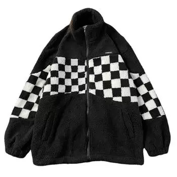 Куртка из хлопка в клетку для мужчин, осень-зима, овечья шерсть, хлопковая куртка, свободная куртка с воротником-стойкой для пары M чёрный