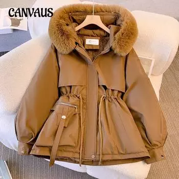 Куртка из хлопка женская большого размера с короткими секциями, большой мохнатый воротник, парка, приталенная модная повседневная куртка M чёрный