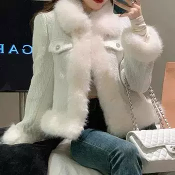 Куртка из искусственного меха лисы женская теплая зимняя новая темпераментная твидовая шерстяная маленькая ароматная ветровая меховая верхняя часть утолщенная S