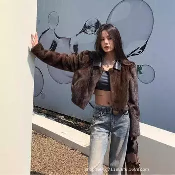 Куртка из искусственного меха норки с коротким квадратным воротником для женщин 2024 года, новая зимняя куртка из искусственного меха норки, экологически чистая S [47.5 kg] темно-коричневого