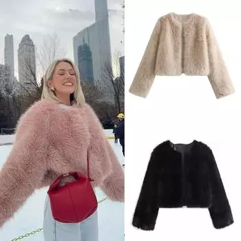 Куртка из искусственного меха, пальто, женские, свободные, с длинным рукавом, пушистые, теплые, пальто, женские, осень-зима 2024 года, роскошное, модное, уличное пальто XS бежевый