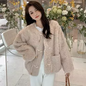 Куртка из искусственного меха ягненка женская короткая зимняя 2024 года утолщенная светская львица имитация меха кролика Рекс утолщенный верх S 47.5kg