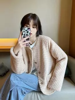 Куртка из искусственного меха женская 2024 осень-зима новая персиковая бархатная двубортная свободная куртка из утолщенного ягненка S белый