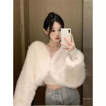 Куртка из искусственного меха женская, новинка 2024 года, осень-зима, искусственный мех лисы, короткая, свободная, повседневная, молодежная, меховая куртка S 85-50 kg or so белый