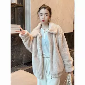 Куртка из искусственного меха женская осень и зима 2024 новый бархатный темперамент повседневный меховой топ на молнии средней и длинной длины молодой S светло-серый