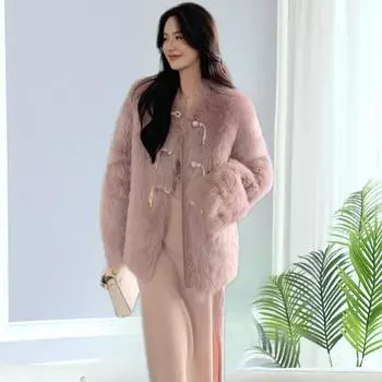 Куртка из искусственного меха женская осенне-зимняя, новая, с круглым вырезом, розовая, обычная, с жемчужной пряжкой, свободная, корейская версия, темпераментная, светская львица S розовый