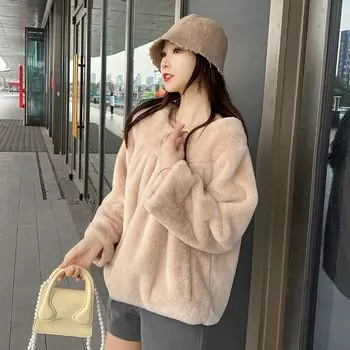 Куртка из искусственного меха женская осенне-зимняя искусственная шерсть кролика Рекс 2024 новый бархатный утолщенный пуловер с круглым вырезом и меховым топом S