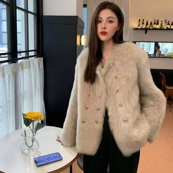 Куртка из искусственного меха женская зимняя 2024 новая двубортная искусственная лисья шерсть утолщенная хлопком, молодежный ретро-топ модный S абрикосовый