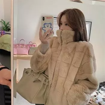 Куртка из искусственного меха женская зимняя новая искусственная норка бархат свободный воротник стойка плюшевая куртка из меха кролика молодая S чёрный