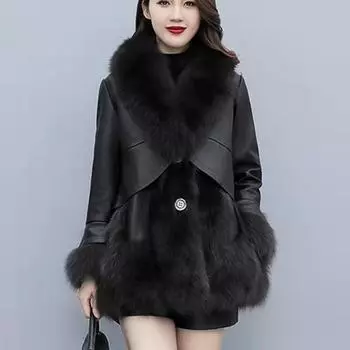 Куртка из искусственного меха женская зимняя новая корейская версия средняя и длинная искусственный мех лисы искусственная кожа утолщенная куртка из кожи Haining S [90-52.5 kg] чёрный
