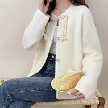 Куртка из искусственного норкового бархата женская осенне-зимняя, новая, вязаный кардиган Xiaoxiangfeng, дизайн, ретро-топ на пуговицах One size бежевый